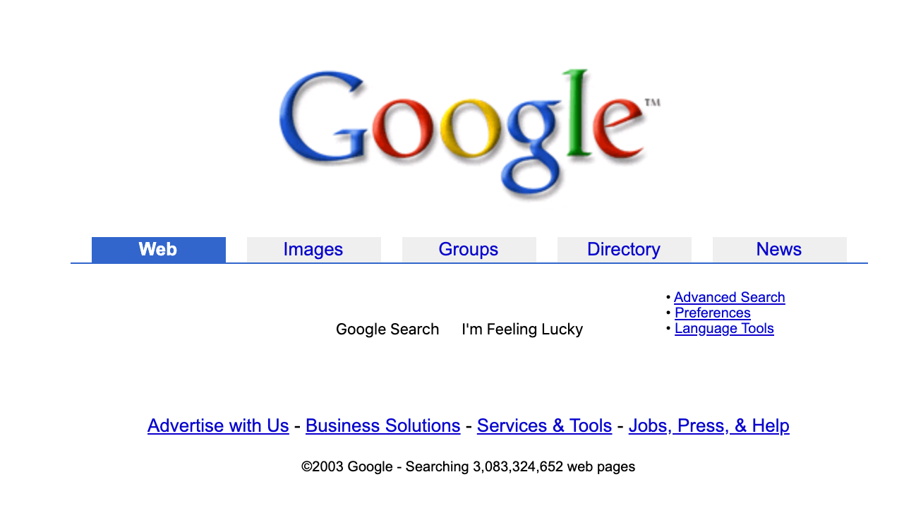 An image of the Google Search page from 2007. Showing the plain and clean nature of the page.<br>